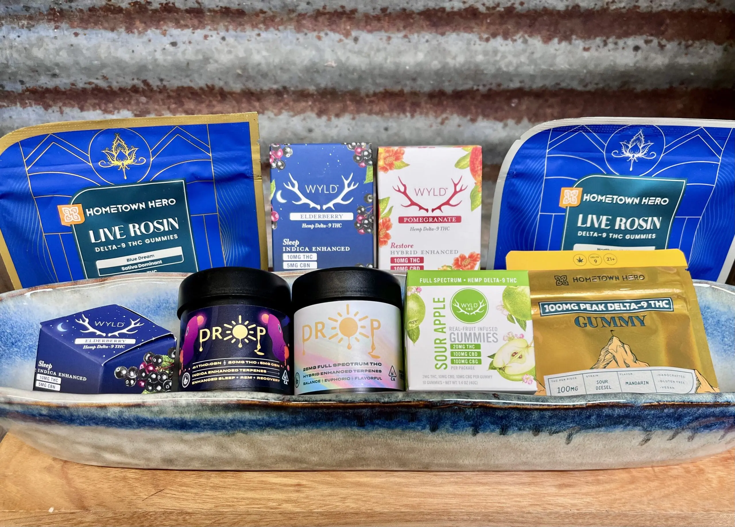 An assortment of delta 9 gummies from various brands.