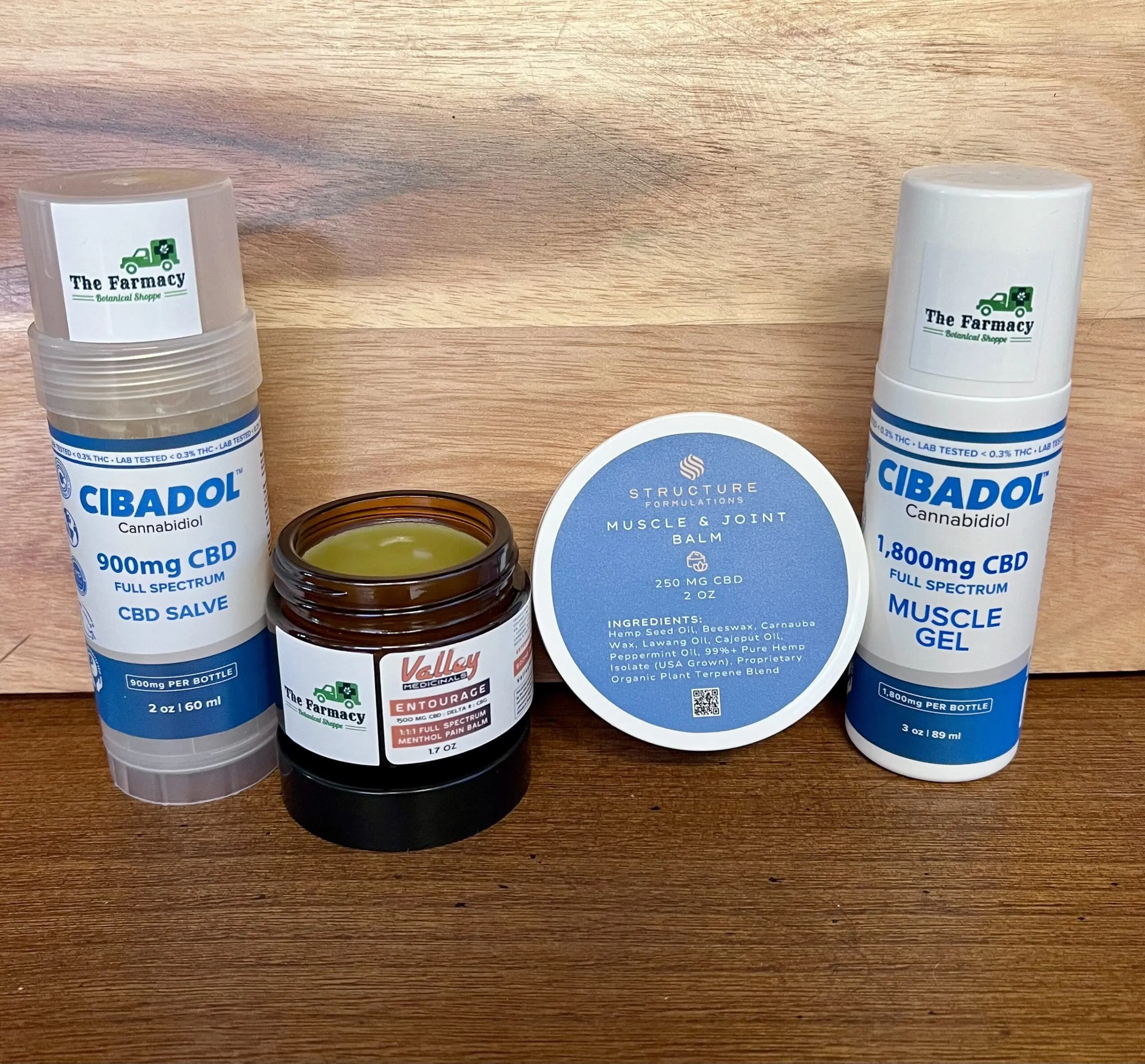 A variety of CBD topical products - salve, balm, muscle gel