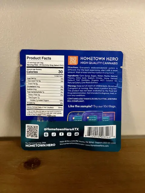 Nutrition label for 2-pack of Hometown Hero live rosin gummies, grand daddy purple