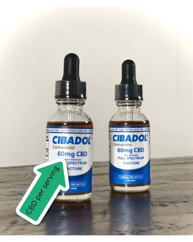 Bottles of CBD with an arrow showing the CBD concentration per serving