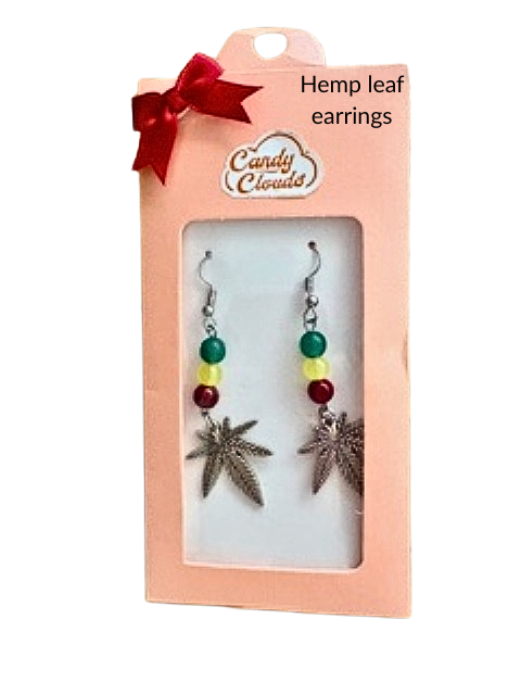 Silver hemp leaf dangle earrings with green, yellow and red beads
