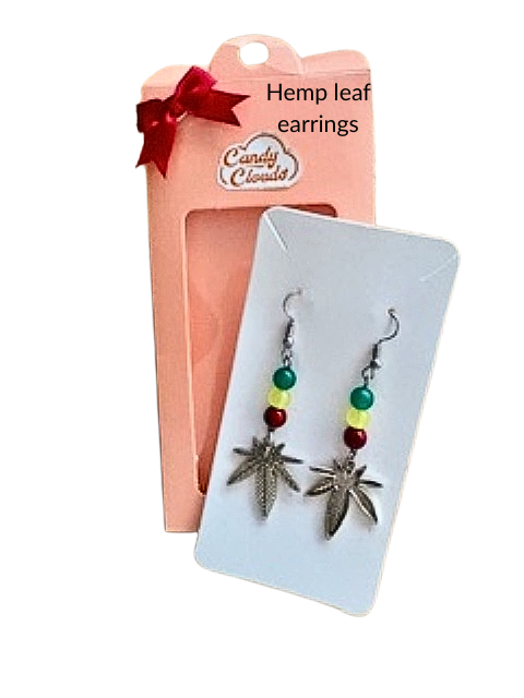 Silver hemp leaf dangle earrings with green, yellow and red beads